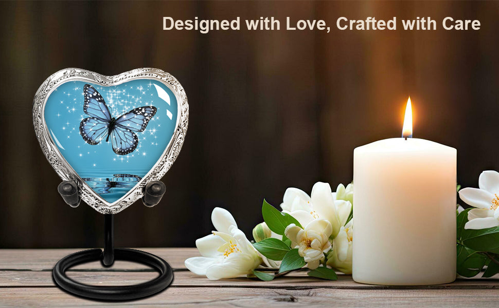 Heart Shaped Small Keepsake Cremation Urns for Human Ashes - Light Blue Butterfly