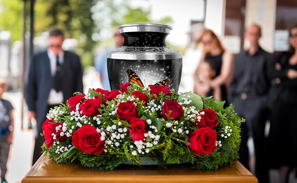 Black Monarch Butterfly Cremation Urn for Ashes, Large with Velvet Bag