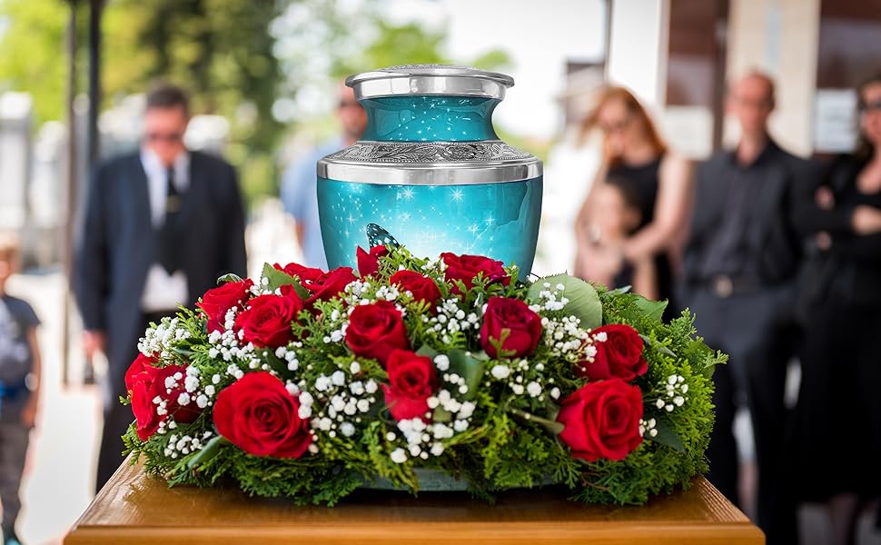 Light Blue Butterfly Cremation Urn for Ashes, Large with Velvet Bag