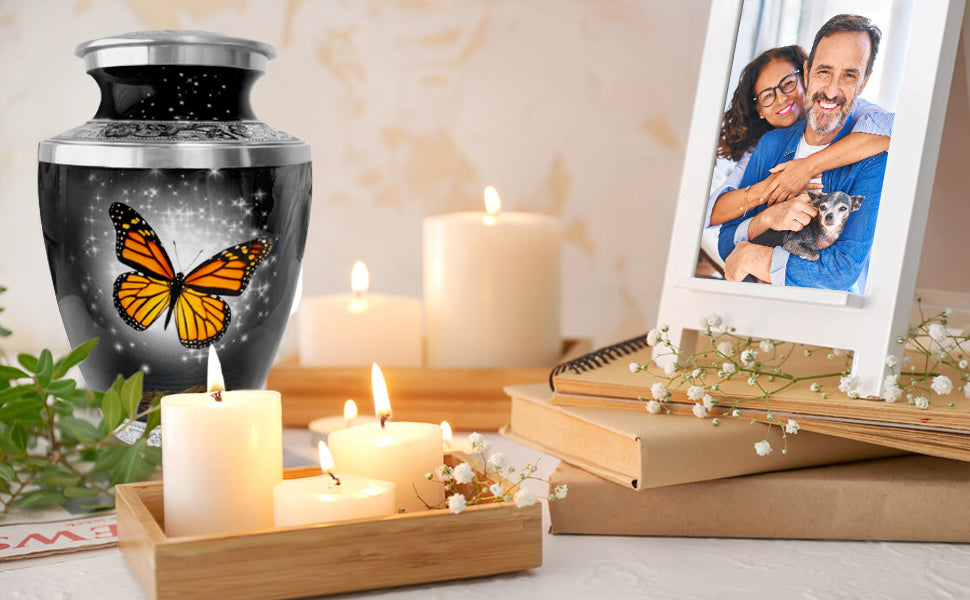 Black Monarch Butterfly Cremation Urn for Ashes, Large with Velvet Bag