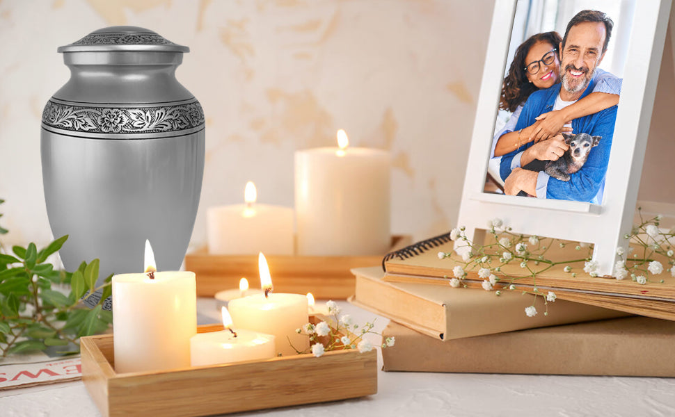 Pewter Classic Adult Cremation Urn for Human Ashes, Large w/ Velvet Bag