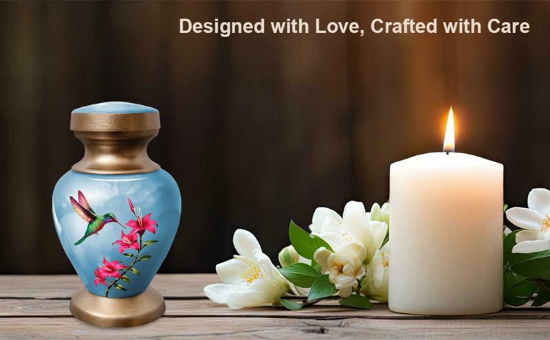 Small Keepsake Urn for Human Ashes - Blue Hummingbird