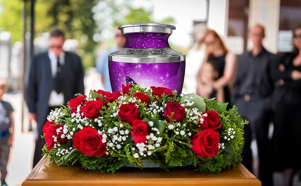 Purple Butterfly Cremation Urn for Human Ashes, Large with Velvet Bag