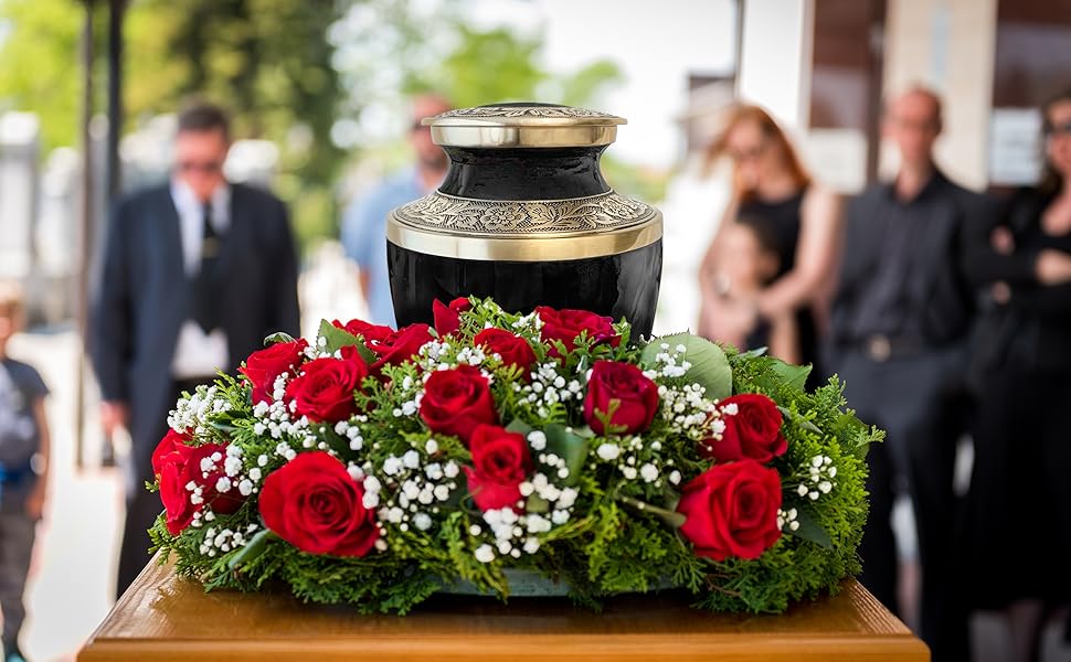 Grecian Classic Black Adult Cremation Urn for Human Ashes, Large with Velvet Bag