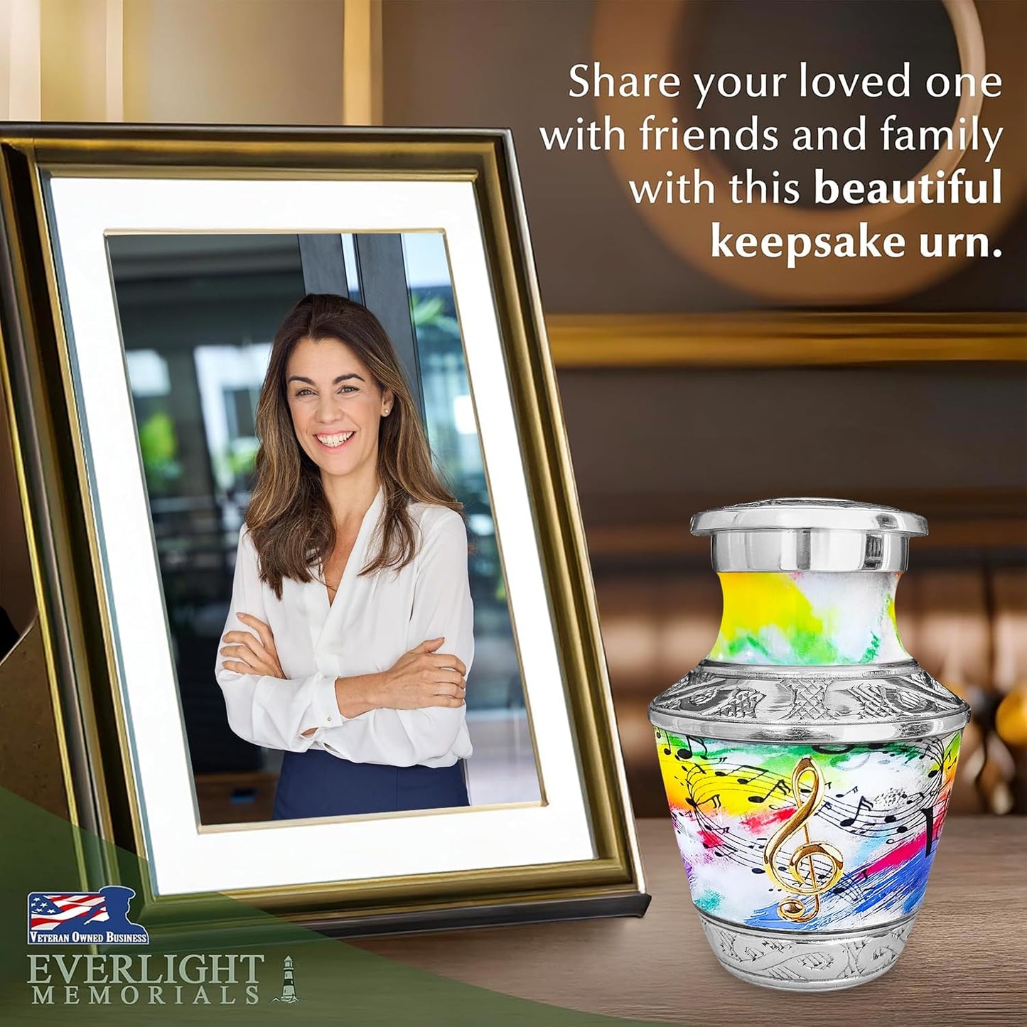 White rainbow musical notes keepsake urn next to framed photo with share your loved one with friends and family text - Everlight Memorials