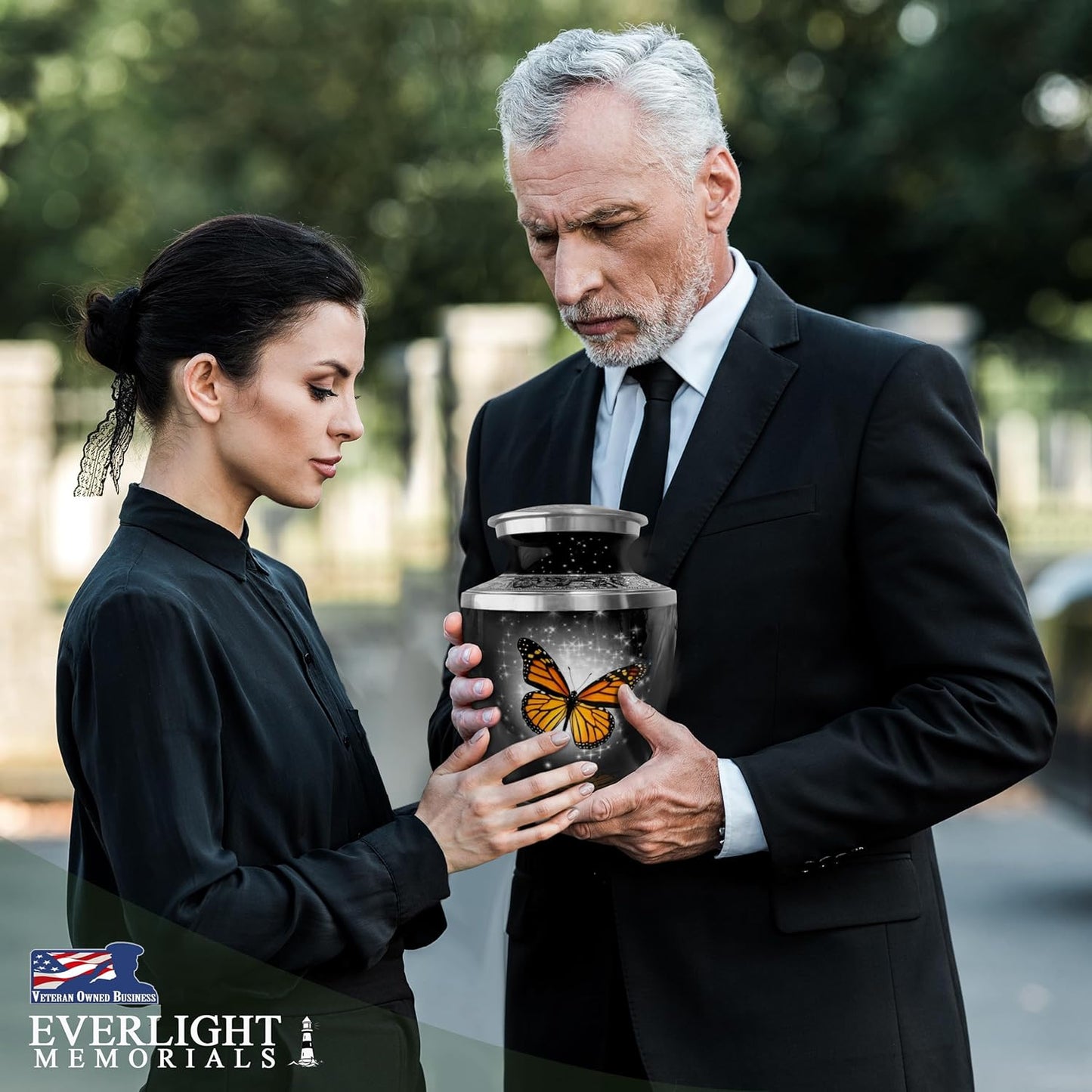 Black Monarch Butterfly Cremation Urn for Ashes, Large with Velvet Bag