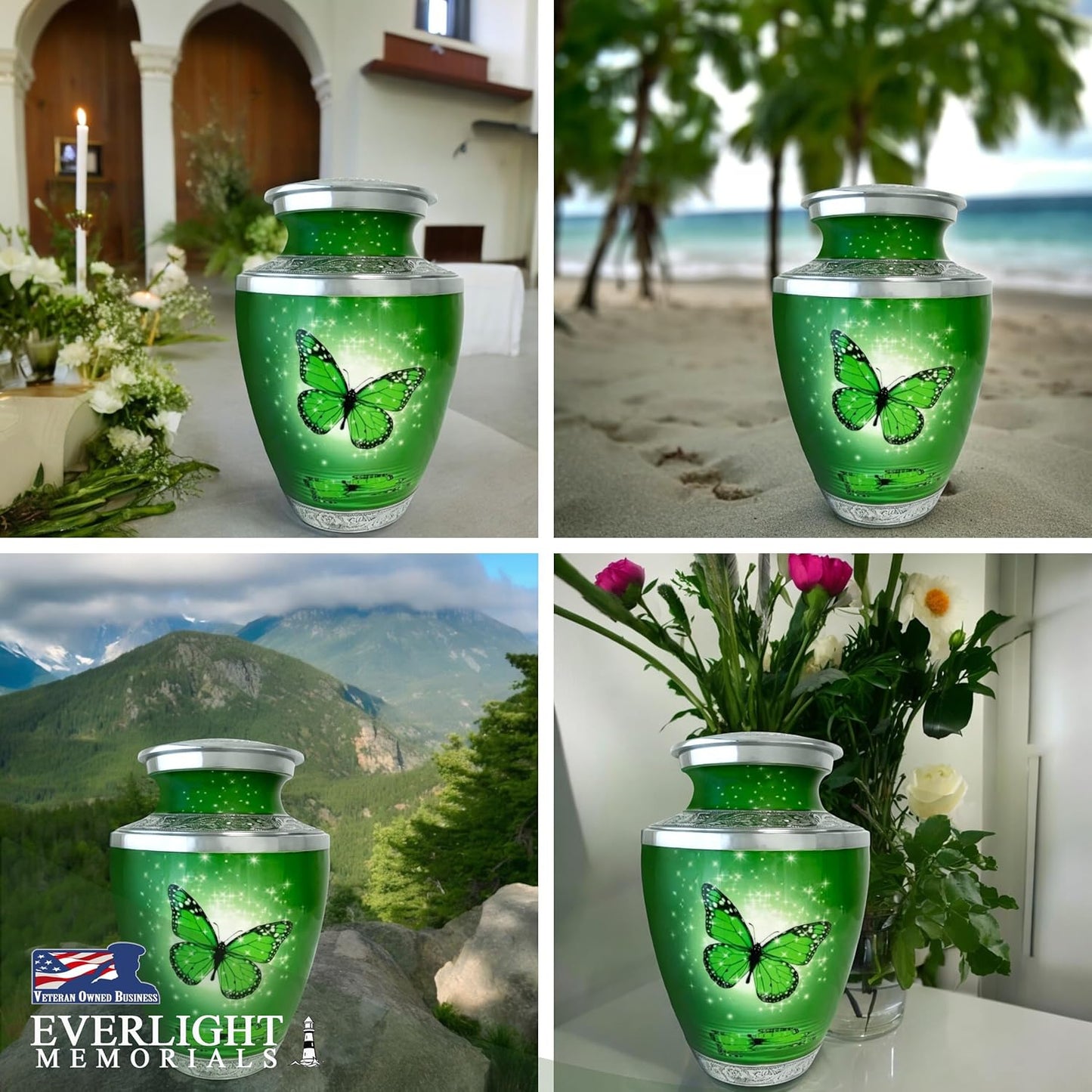 Green Butterfly Cremation Urn for Ashes, Large with Velvet Bag