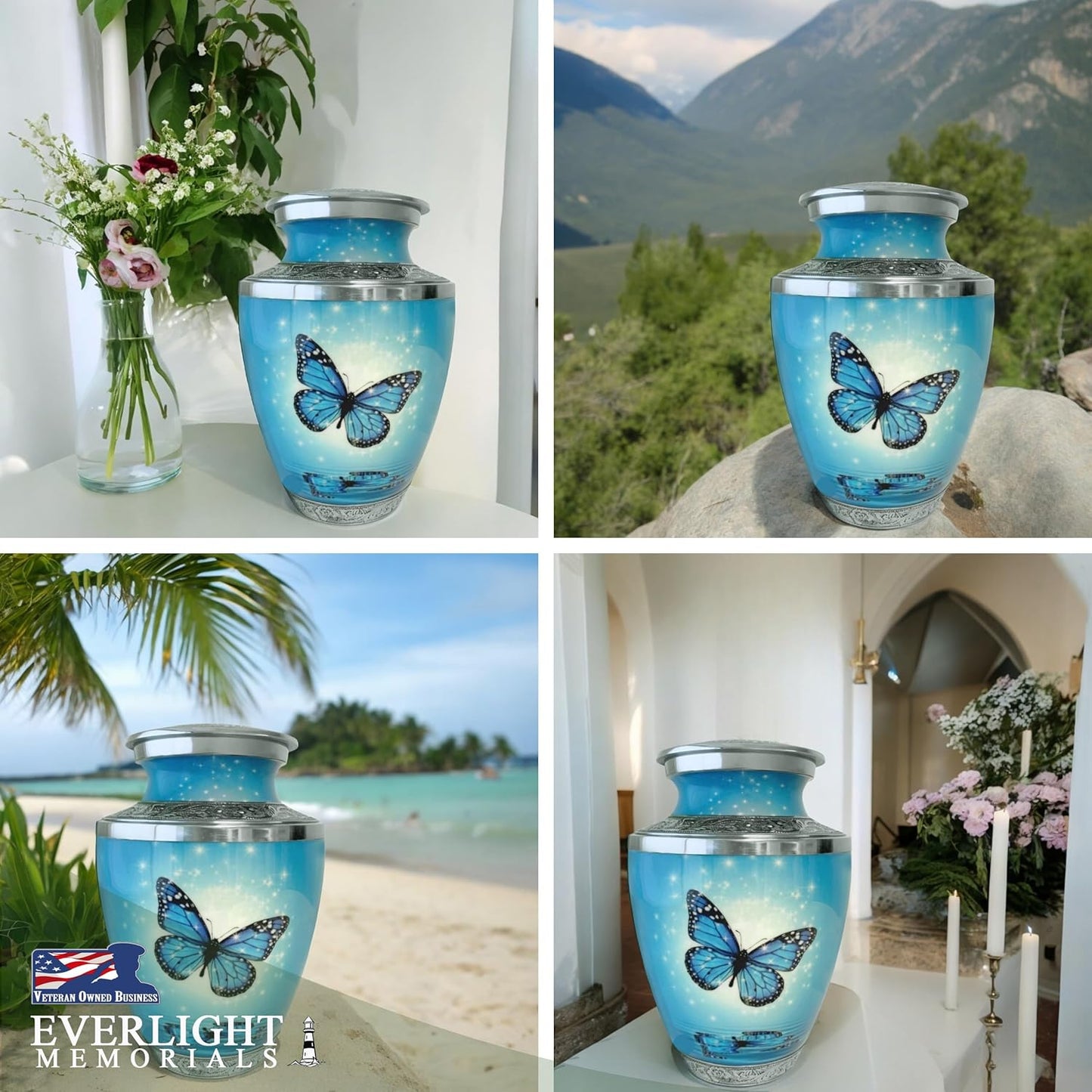 Light Blue Butterfly Cremation Urn for Ashes, Large with Velvet Bag