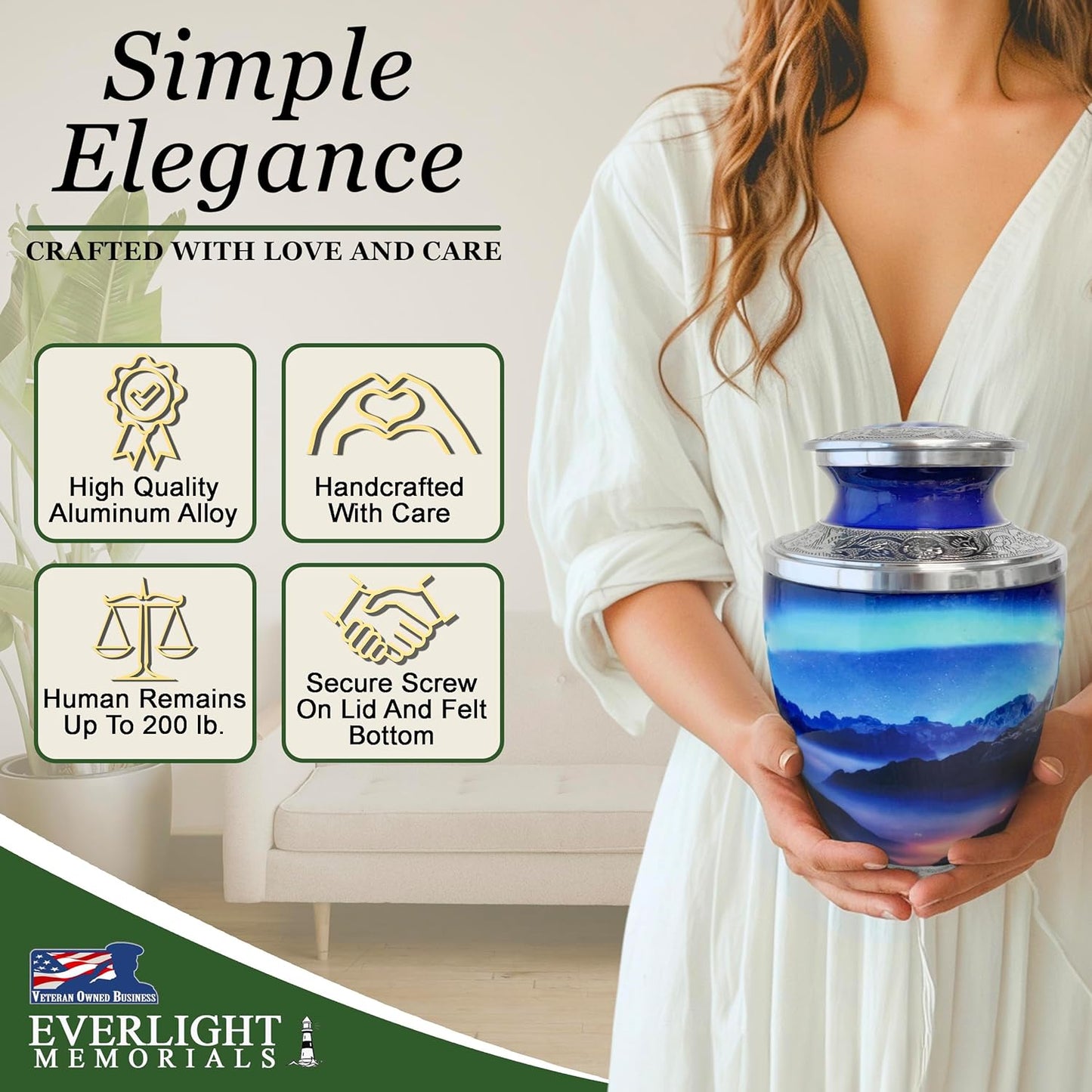 Aurora Borealis Cremation Urn for Human Ashes, Large with Velvet Bag