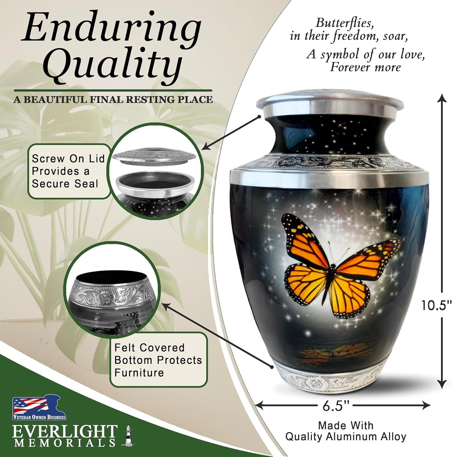 Black Monarch Butterfly Cremation Urn for Ashes, Large with Velvet Bag