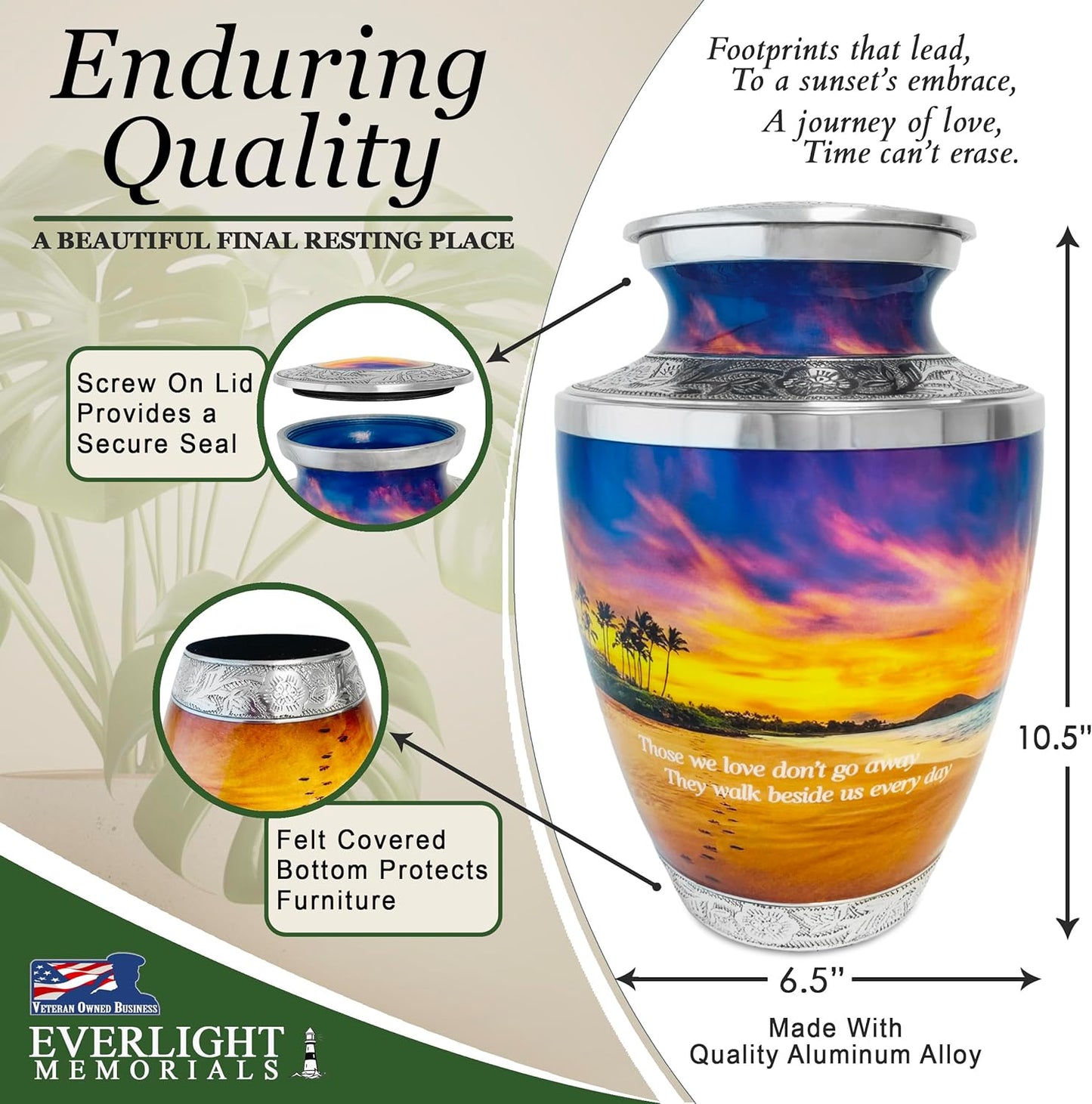 Footprints Cremation Urn for Human Ashes, Large with Velvet Bag