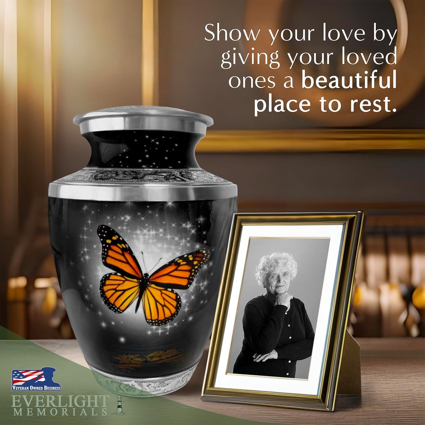 Black Monarch Butterfly Cremation Urn for Ashes, Large with Velvet Bag