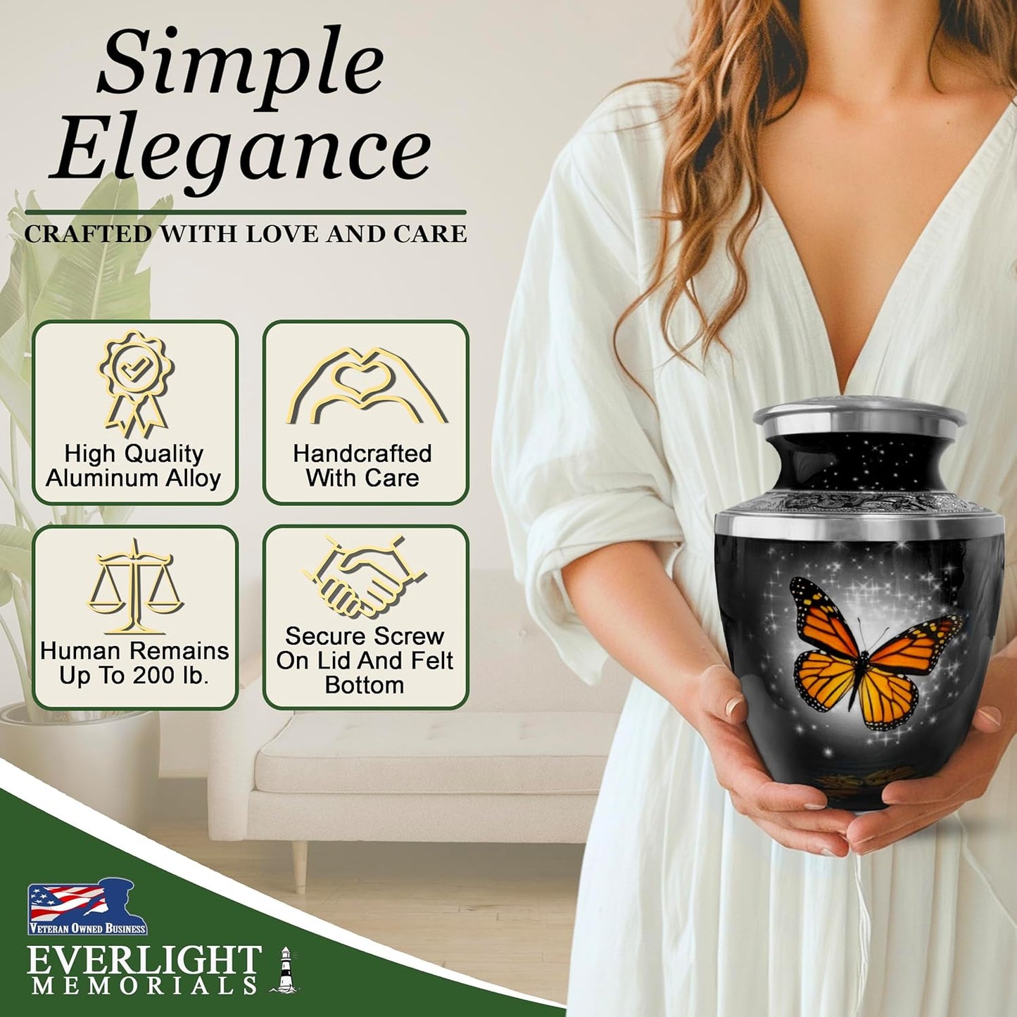 Black Monarch Butterfly Cremation Urn for Ashes, Large with Velvet Bag