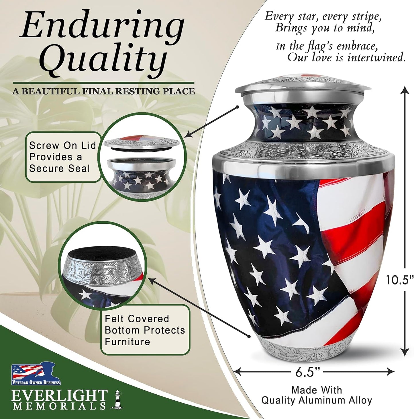 American Flag Cremation Urn for Human Ashes – Patriotic Memorial Urn for a Man or Woman – Honor a Life of Service and Love