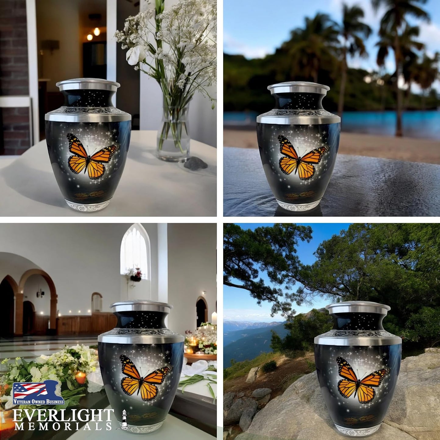 Black Monarch Butterfly Cremation Urn for Ashes, Large with Velvet Bag