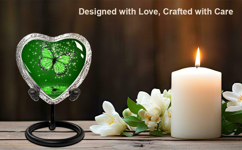 Heart Shaped Small Keepsake Cremation Urns for Human Ashes - Green Butterfly