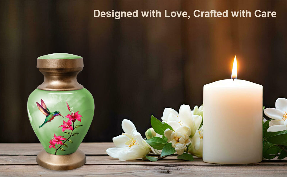 Small Keepsake Urn for Human Ashes - Green Hummingbird