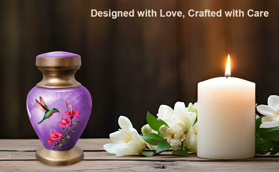 Small Keepsake Urn for Human Ashes - Purple Hummingbird