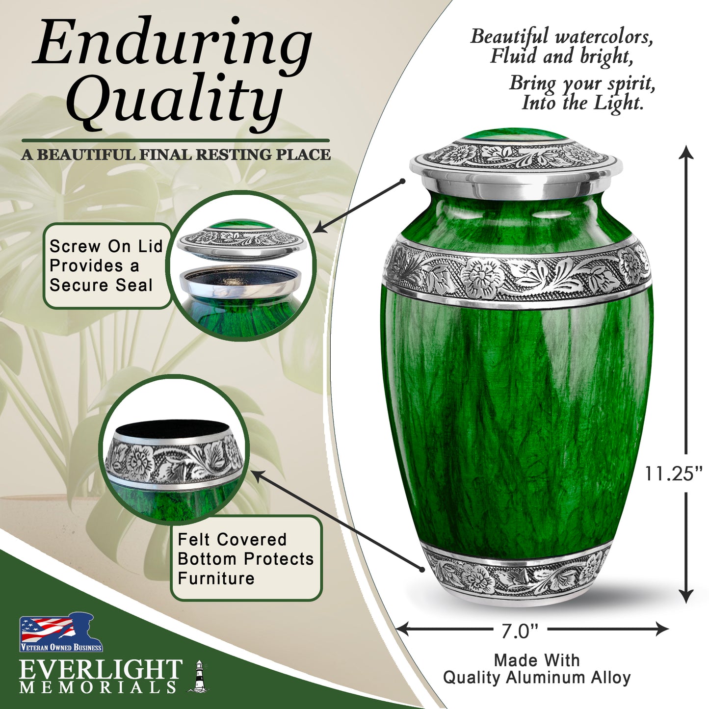 Watercolors Green Adult Urn for Ashes