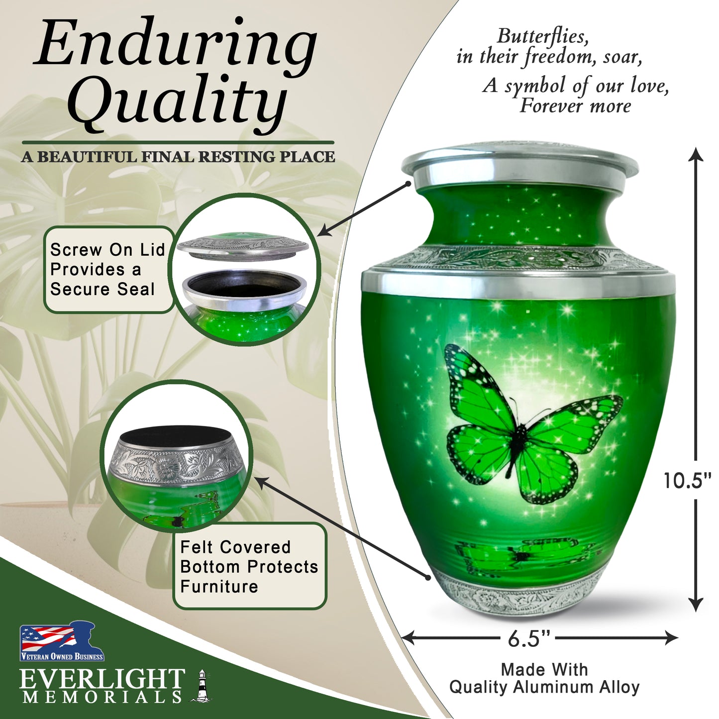 Green Butterfly Cremation Urn for Ashes, Large with Velvet Bag