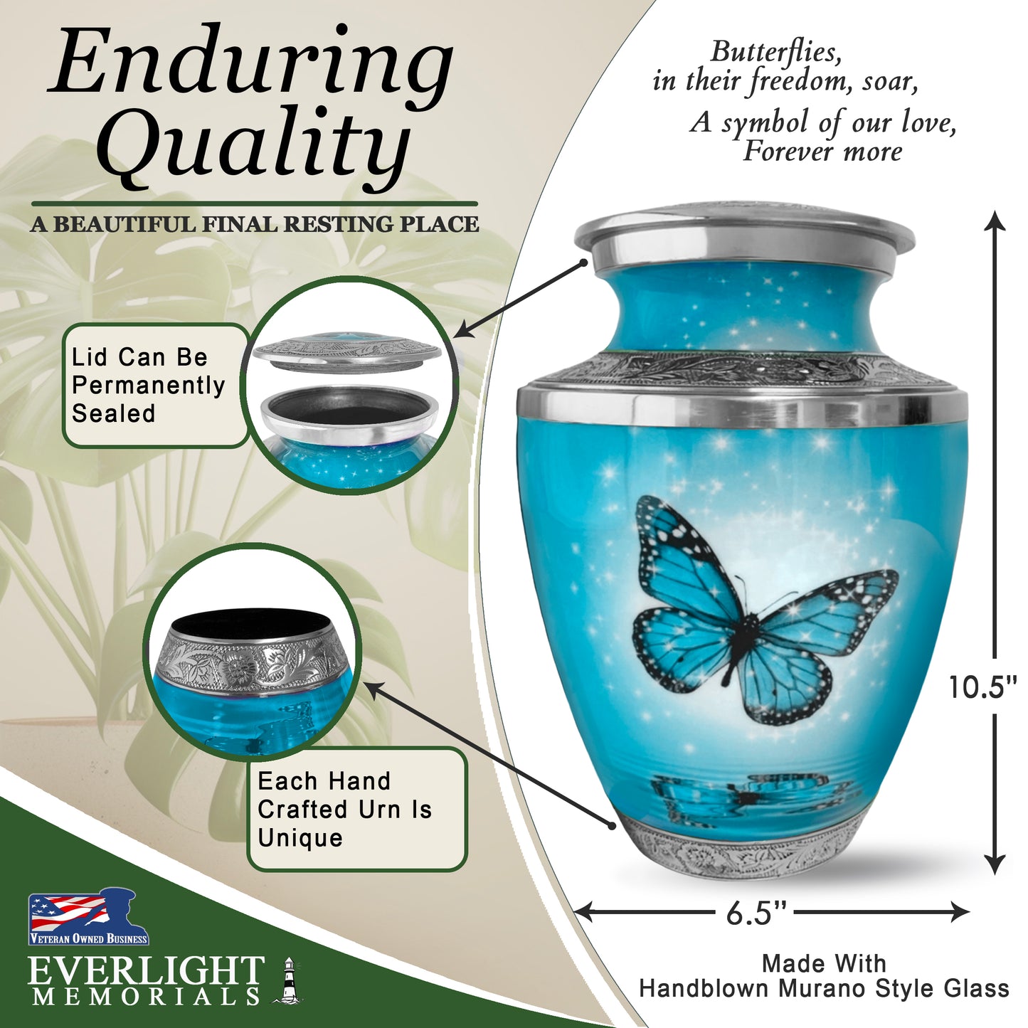 Light Blue Butterfly Cremation Urn for Ashes, Large with Velvet Bag
