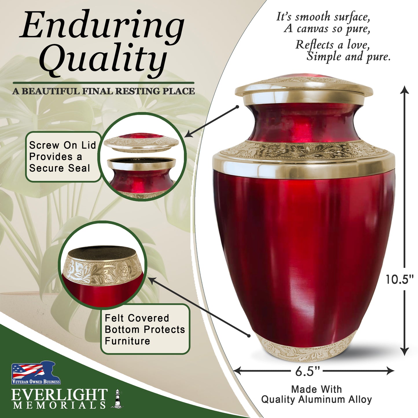 Grecian Classic Red Adult Cremation Urn for Human Ashes, Large with Velvet Bag