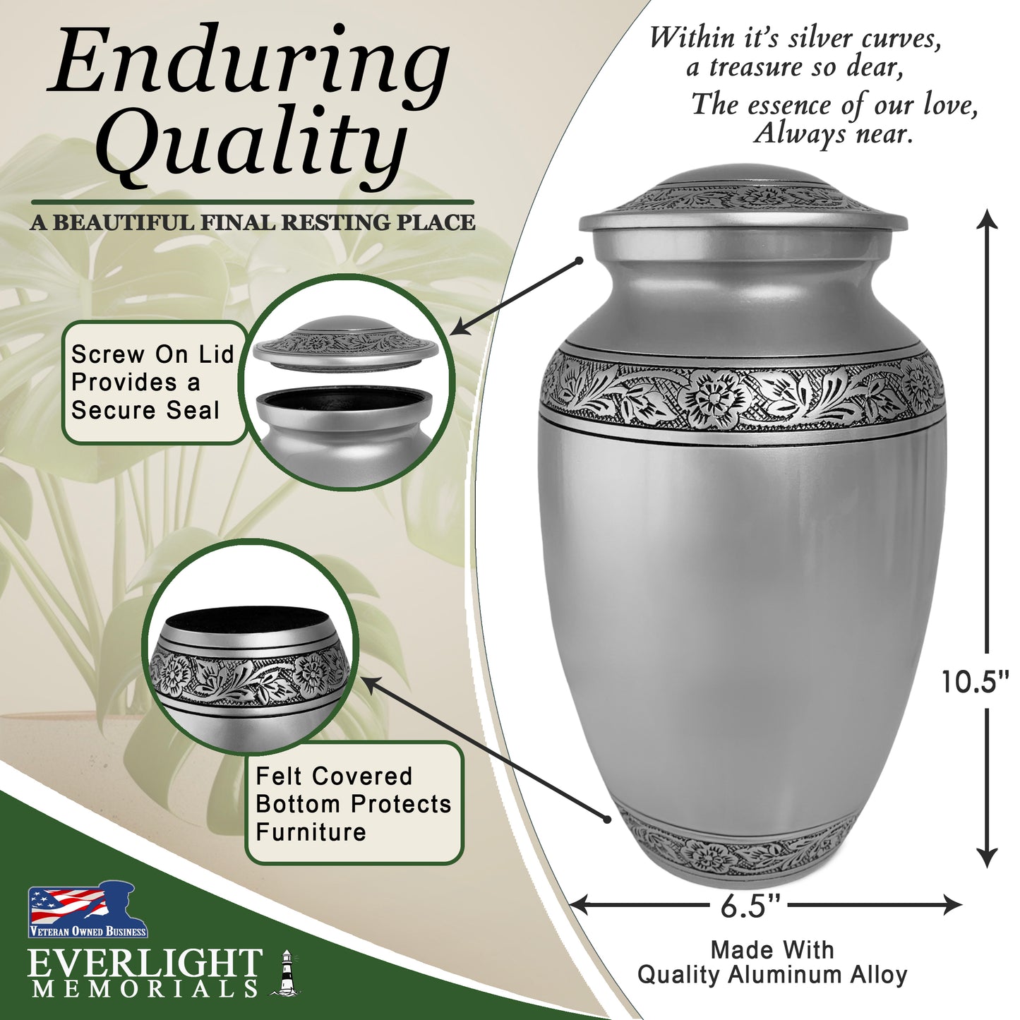 Pewter Classic Adult Cremation Urn for Human Ashes, Large w/ Velvet Bag