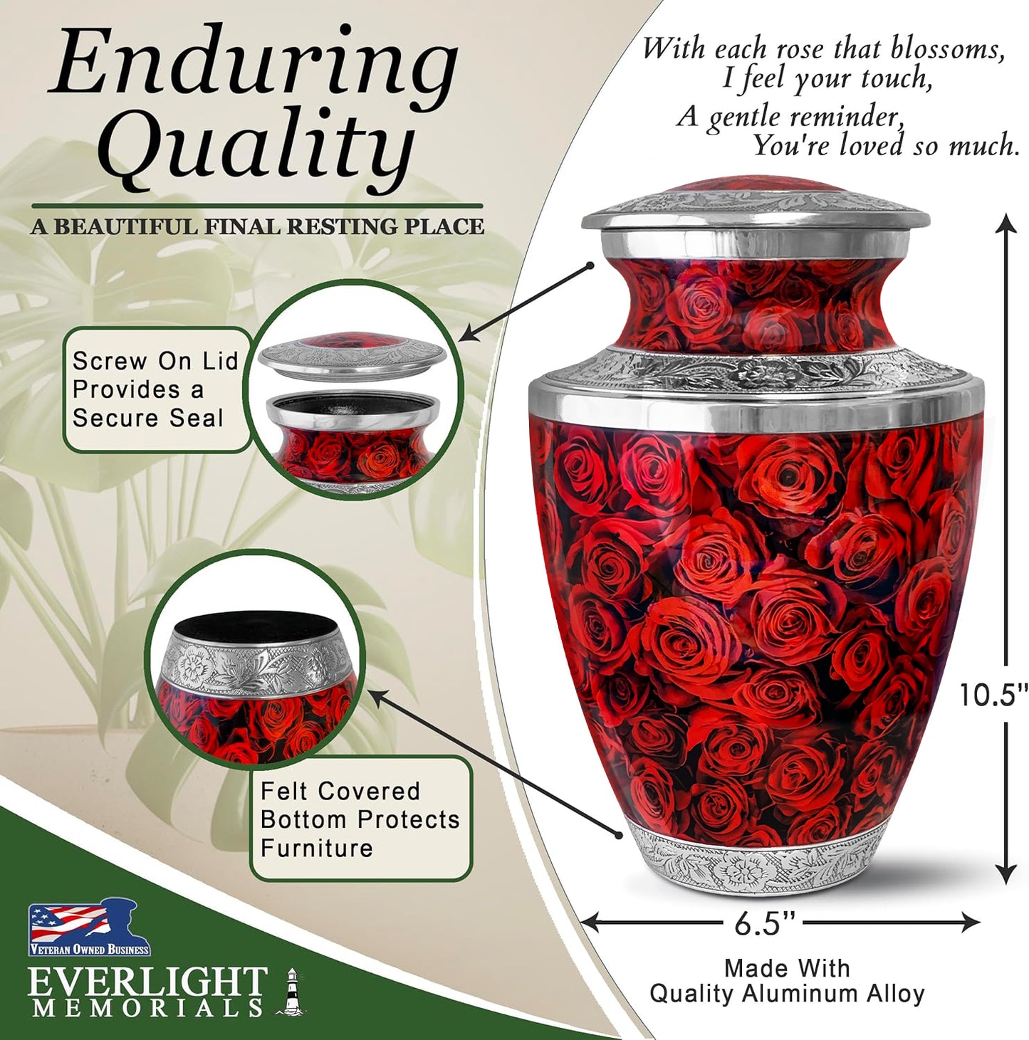 Red Roses Cremation Urn for Human Ashes – A Loving Tribute for an Adult Female – Memorial Urn for Mother, Daughter, Sister, or Wife – A Place for Her Memory to Bloom Every Day