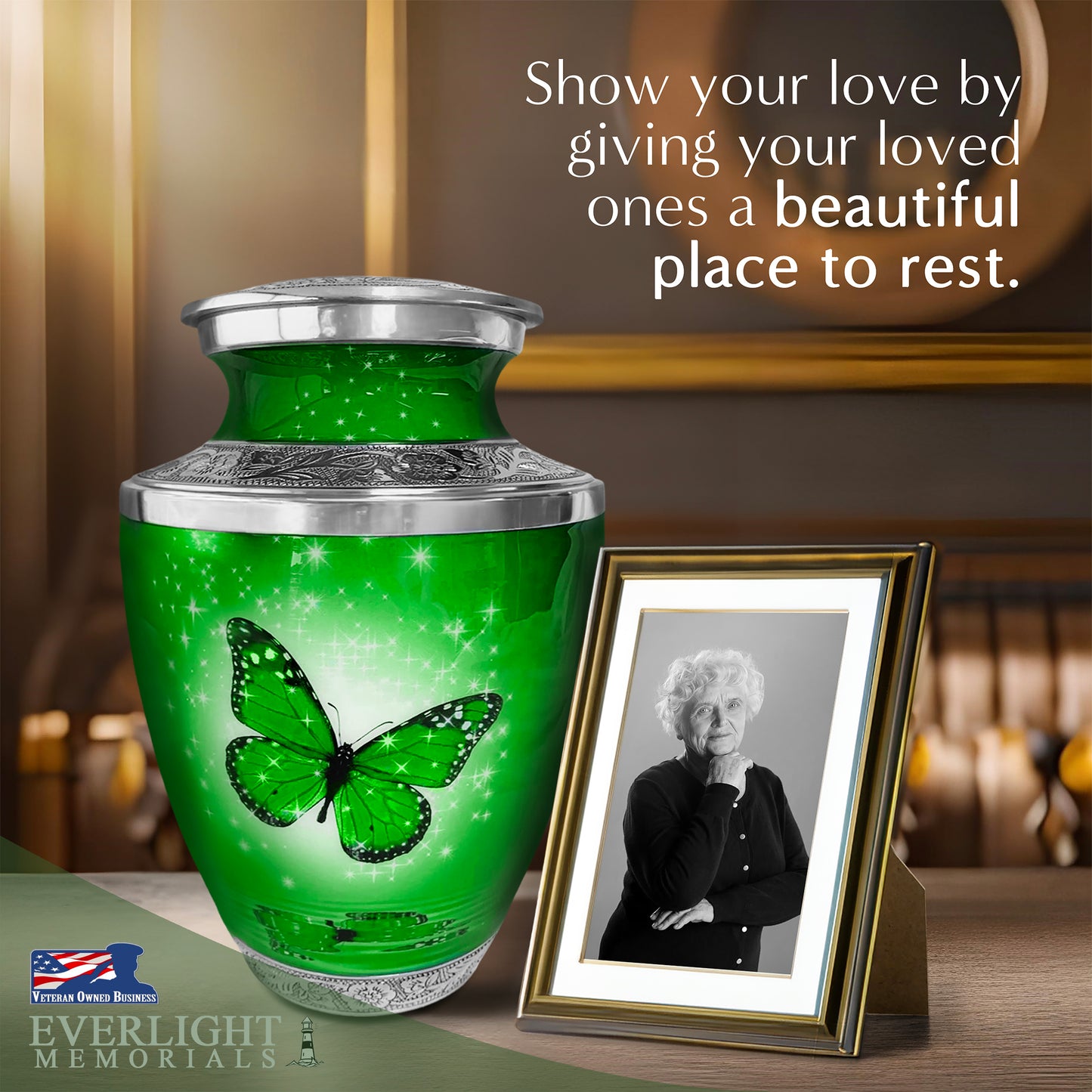 Green Butterfly Cremation Urn for Ashes, Large with Velvet Bag