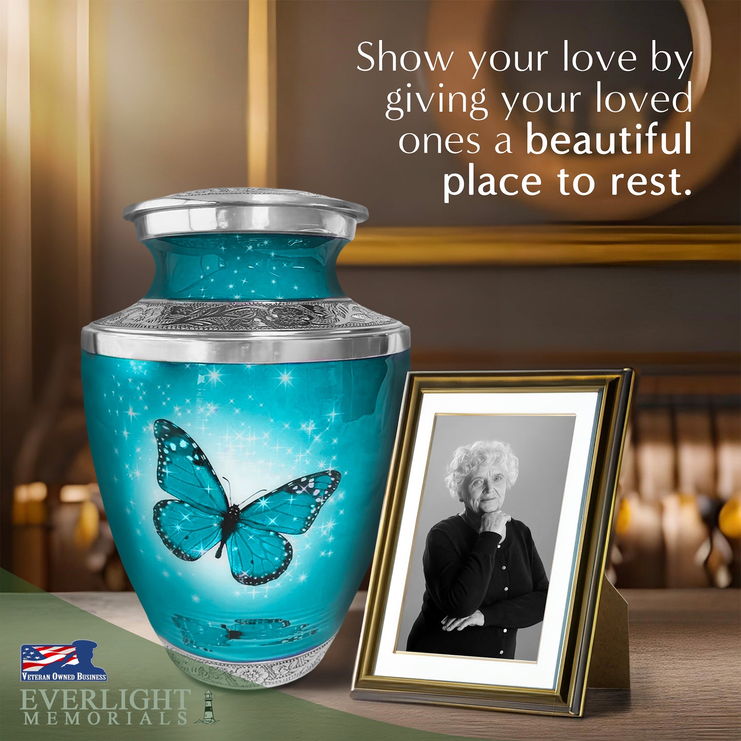 Light Blue Butterfly Cremation Urn for Ashes, Large with Velvet Bag