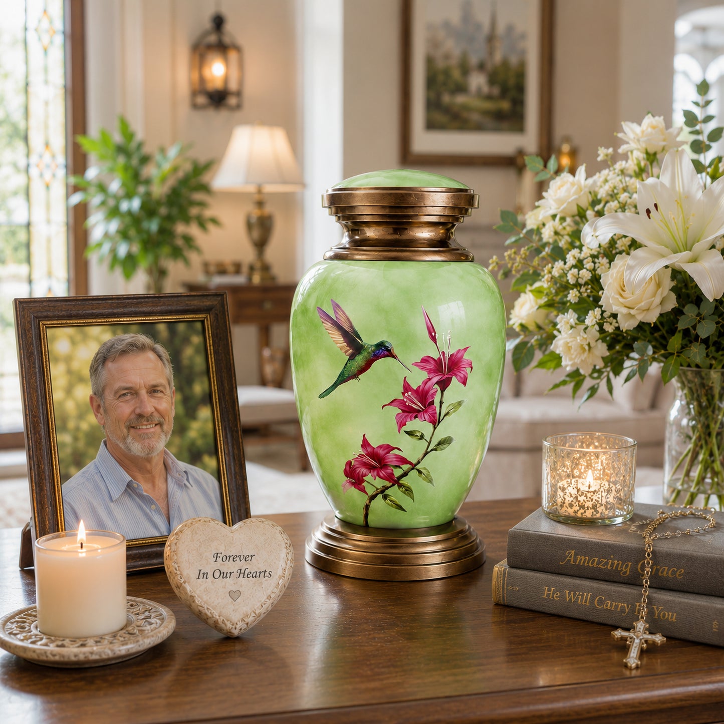 Green Hummingbird Adult Cremation Urn — church memorial service display with framed photo, candle and flowers
