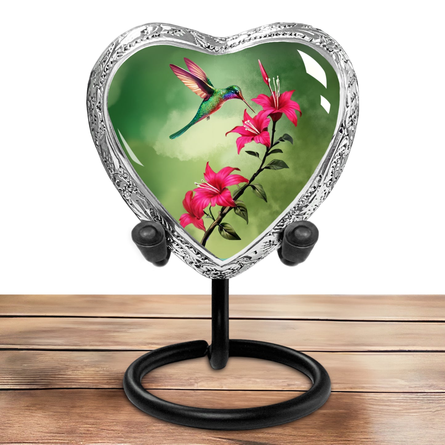Green Hummingbird Heart Keepsake Urn for Human Ashes β Small Sharing Cremation Urn for a Woman β Elegant Tribute with Display Stand