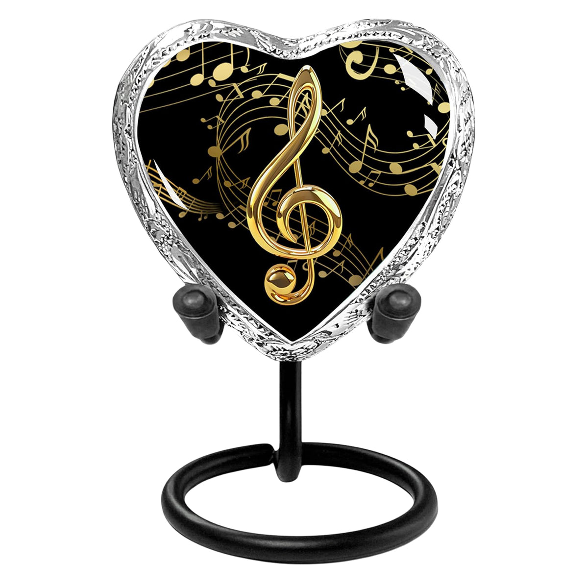 Black and gold musical notes heart keepsake urn on black metal stand clean product shot on white background