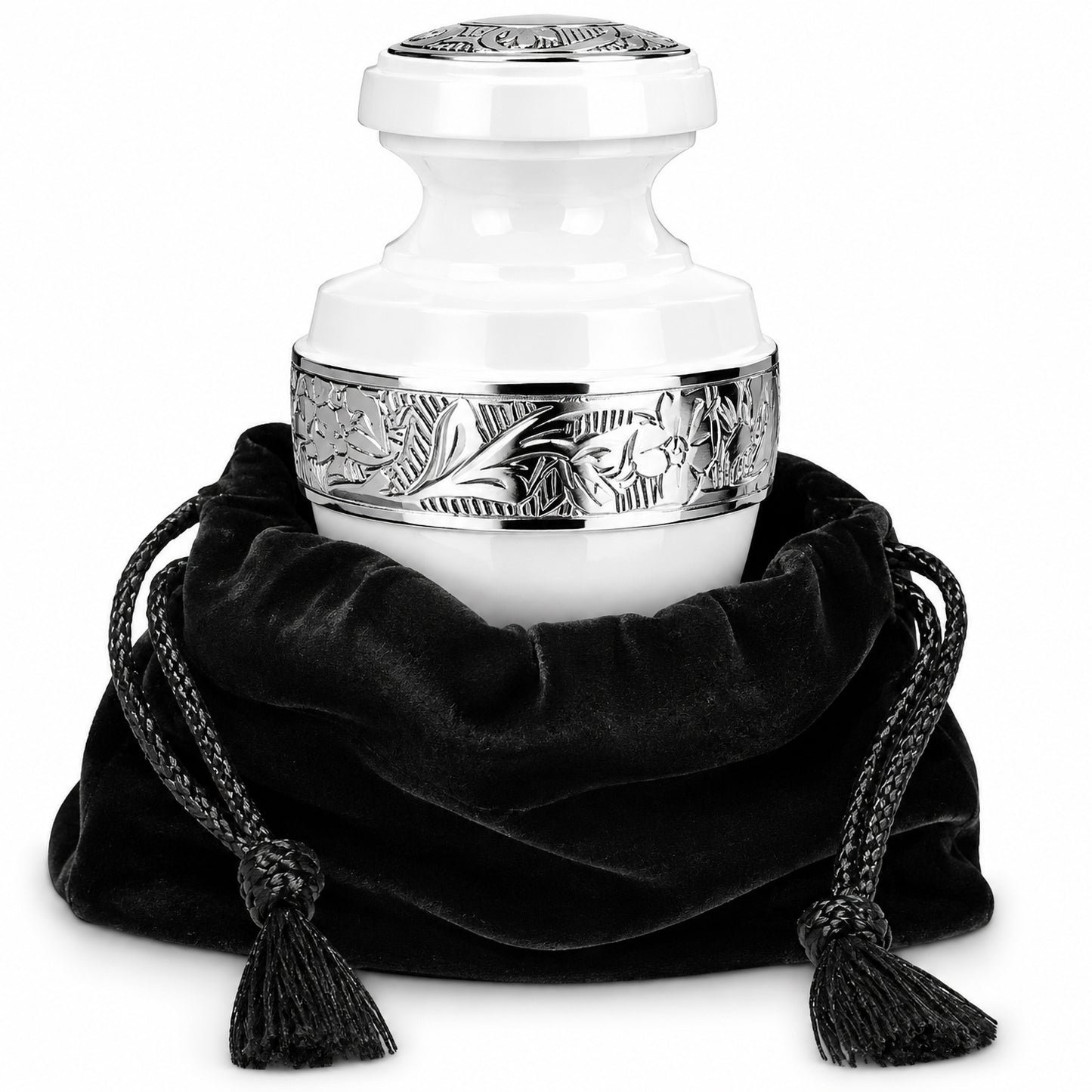 Classic White Small Keepsake Urn — sitting upright in open black velvet drawstring bag on white background