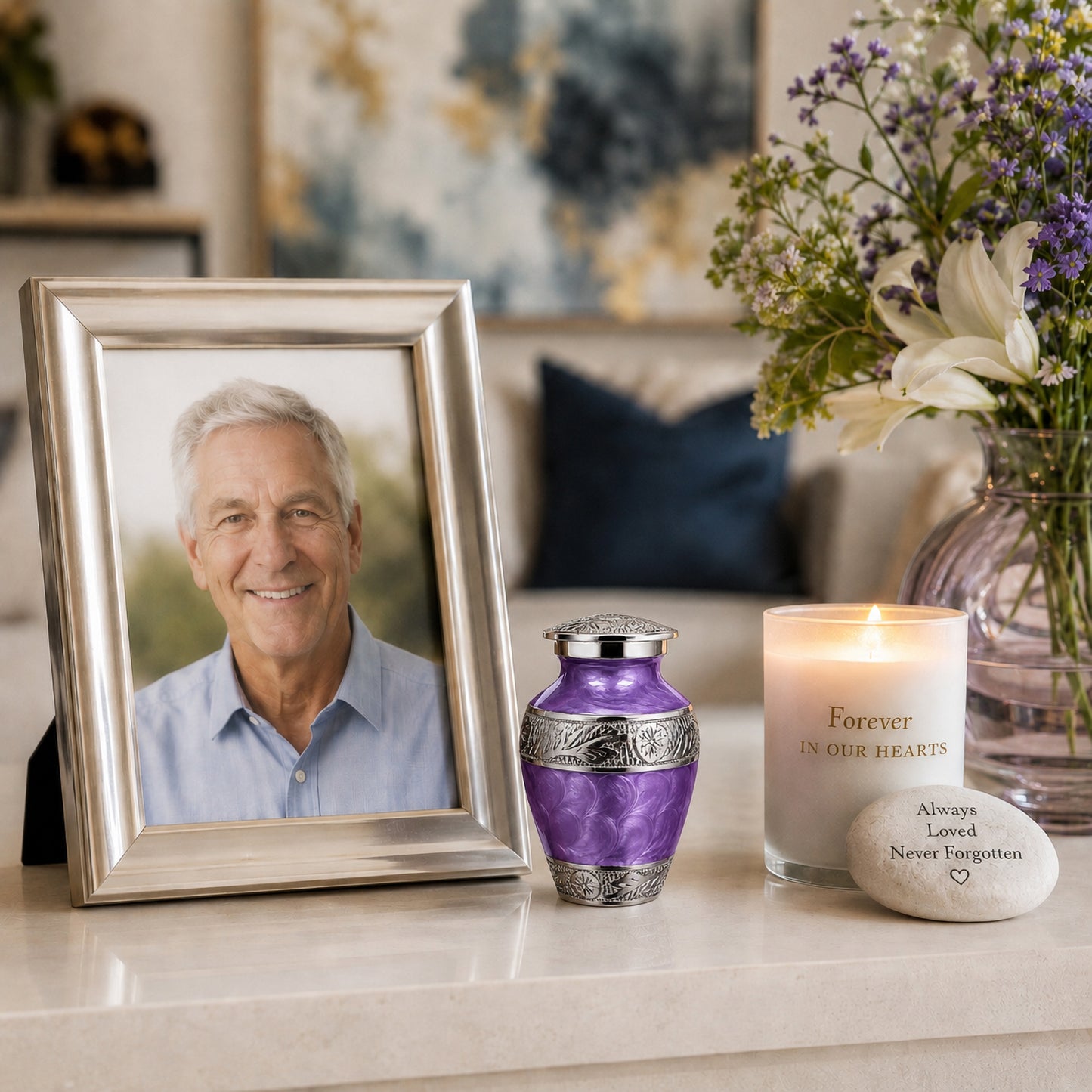 Purple Forever After keepsake urn on mantle beside framed photo and flowers