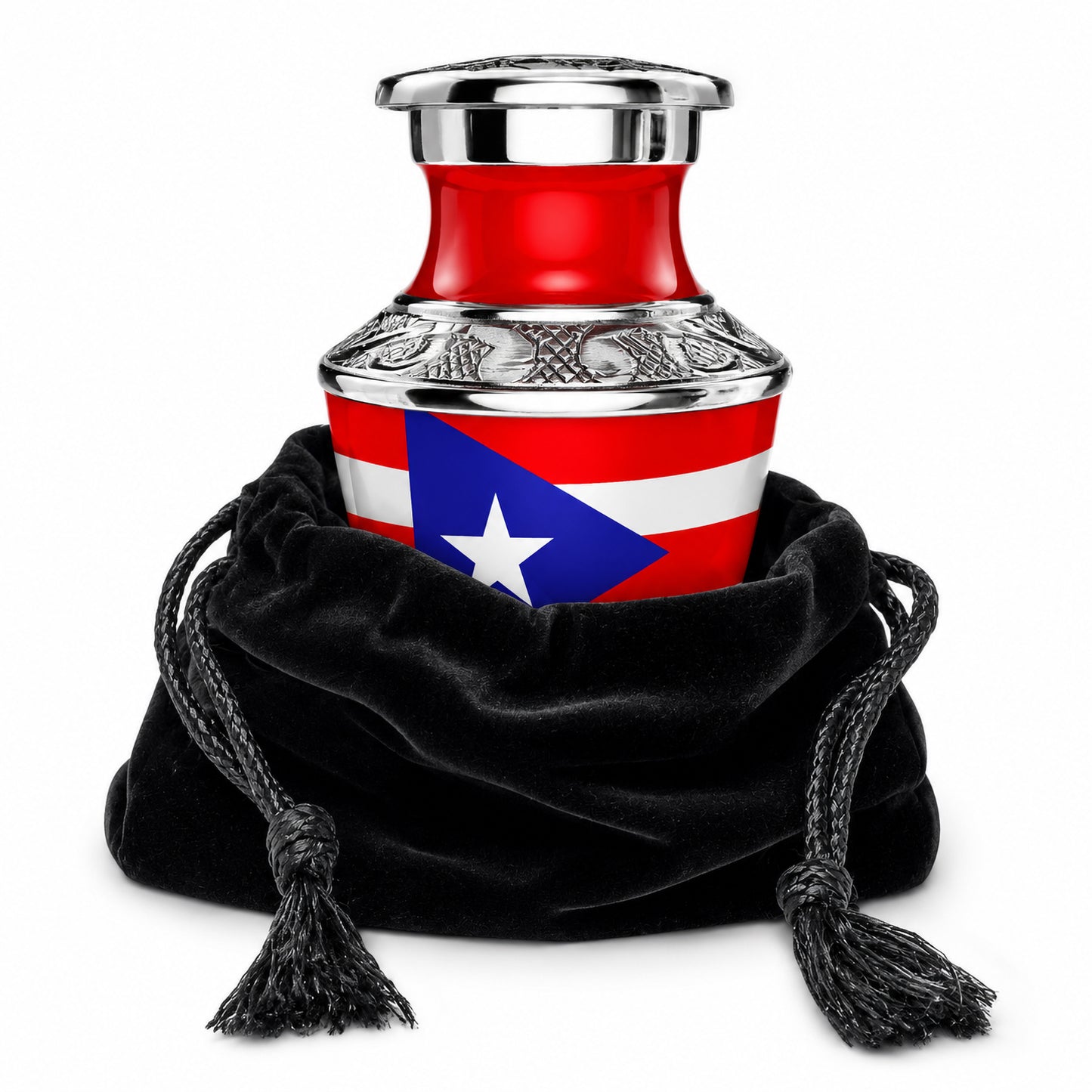 Puerto Rico Small Keepsake Urn for Human Ashes - Main Image with Velvet Bag