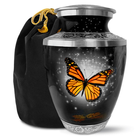 Black Monarch Butterfly Cremation Urn for Ashes, Large with Velvet Bag