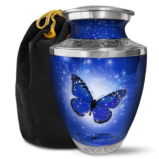 Dark Blue Butterfly Cremation Urn for Ashes, Large with Velvet Bag
