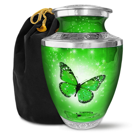 Green Butterfly Cremation Urn for Ashes, Large with Velvet Bag