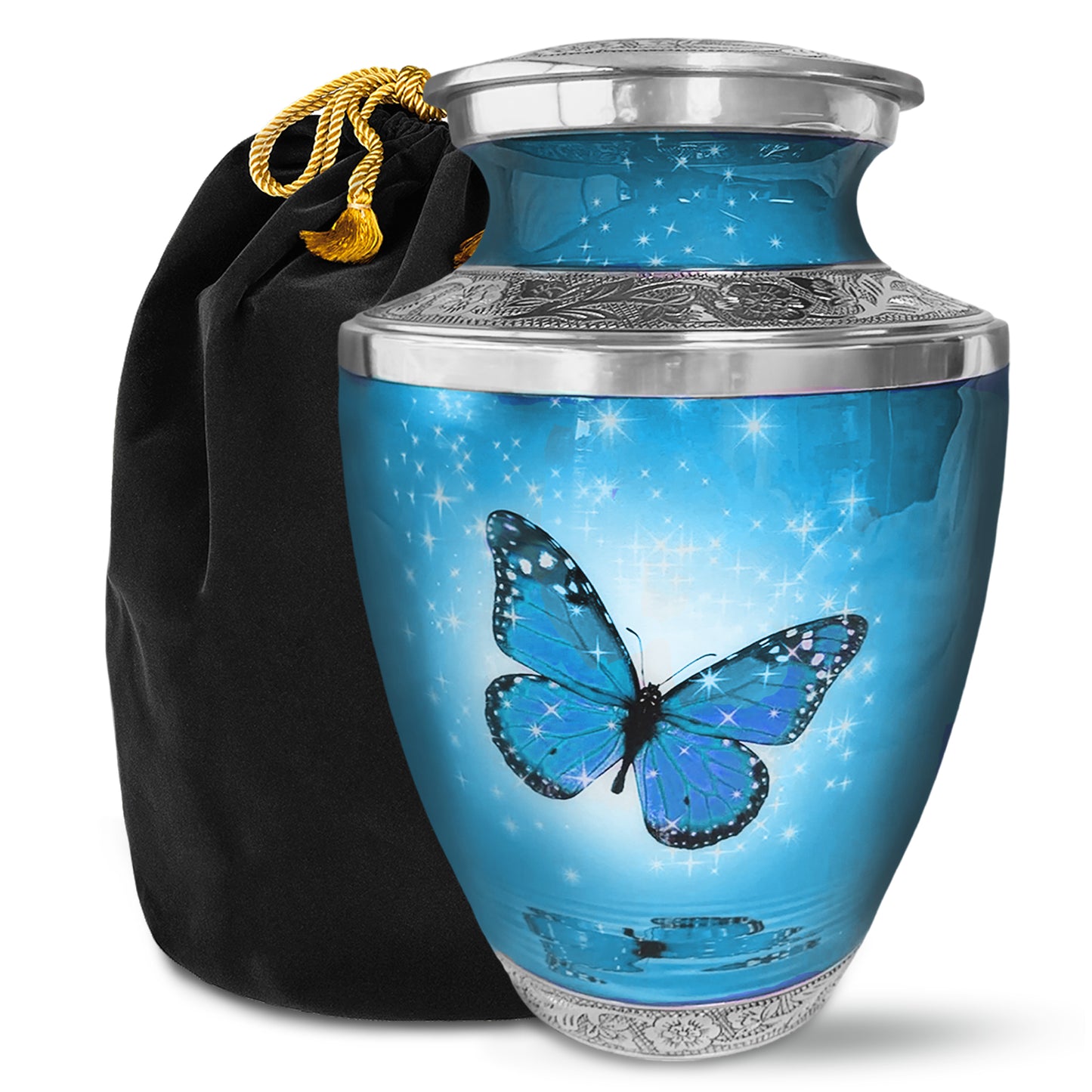 Light Blue Butterfly Cremation Urn for Ashes, Large with Velvet Bag