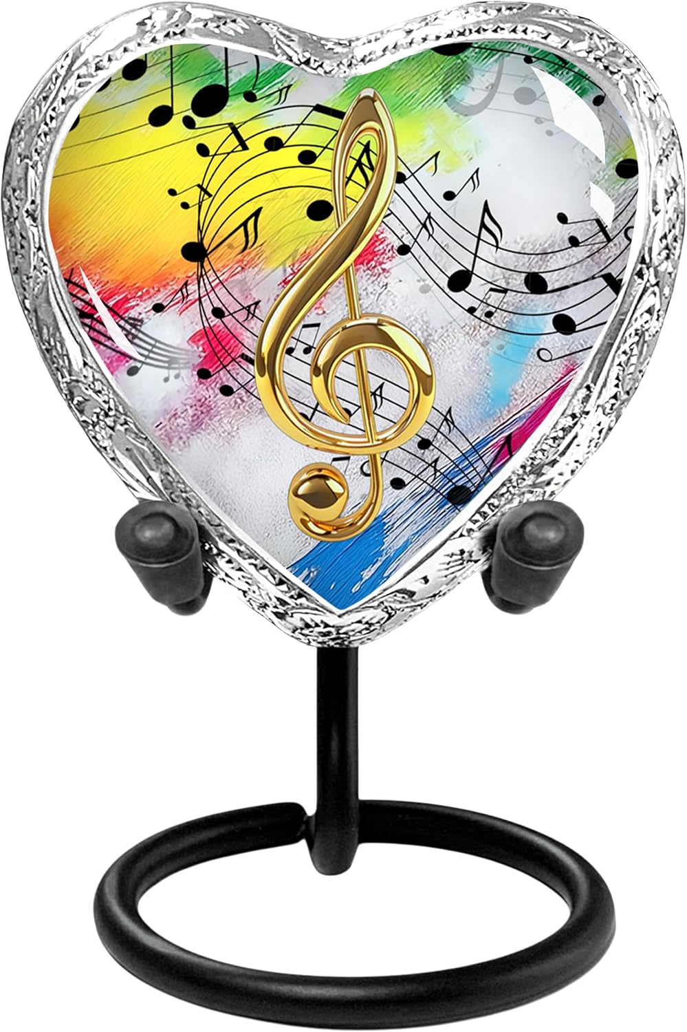 White rainbow musical notes heart keepsake urn standalone on black display stand clean product shot