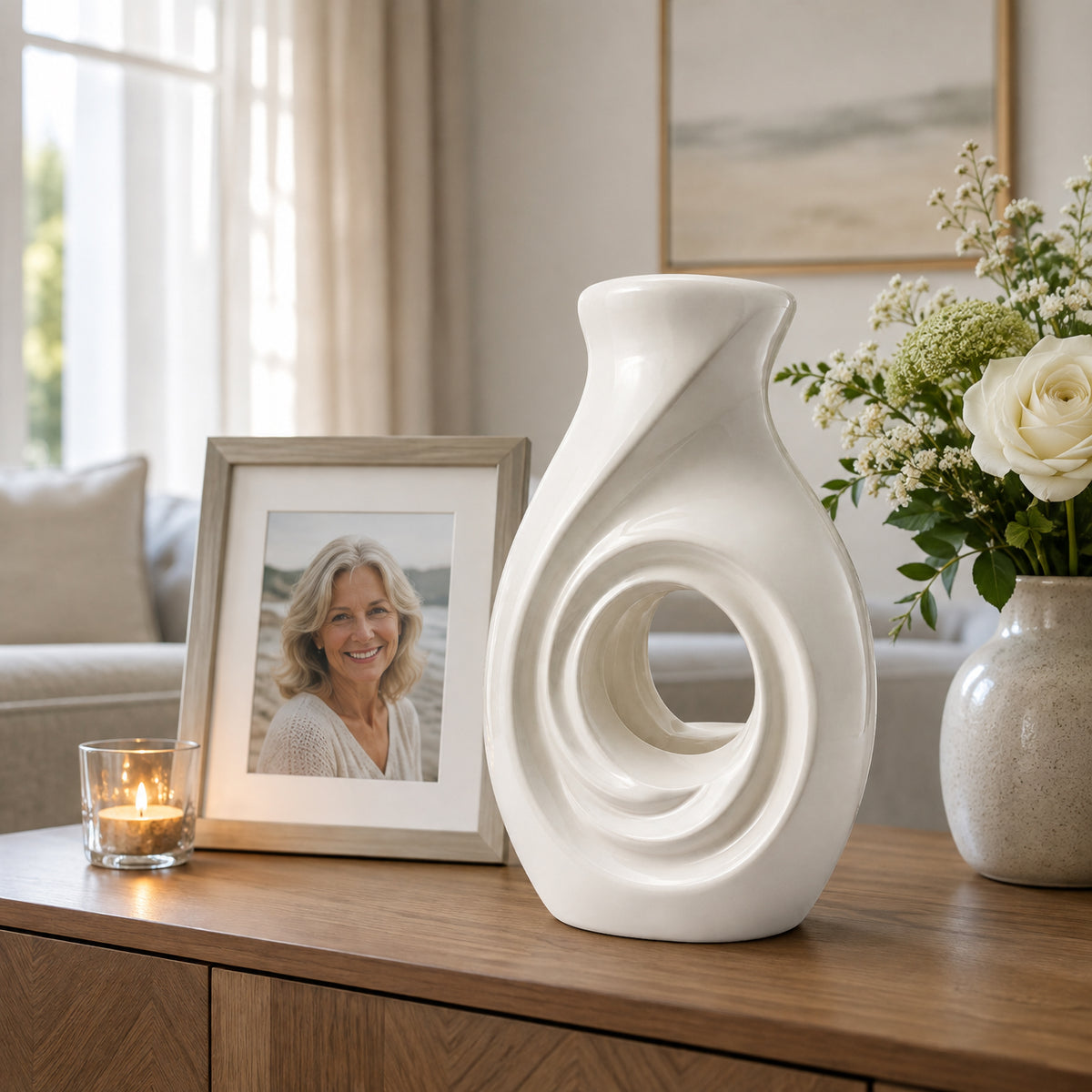 New Horizons White Adult Cremation Urn on Coffee Table with Memorial Photo Frame White Flowers and Candle