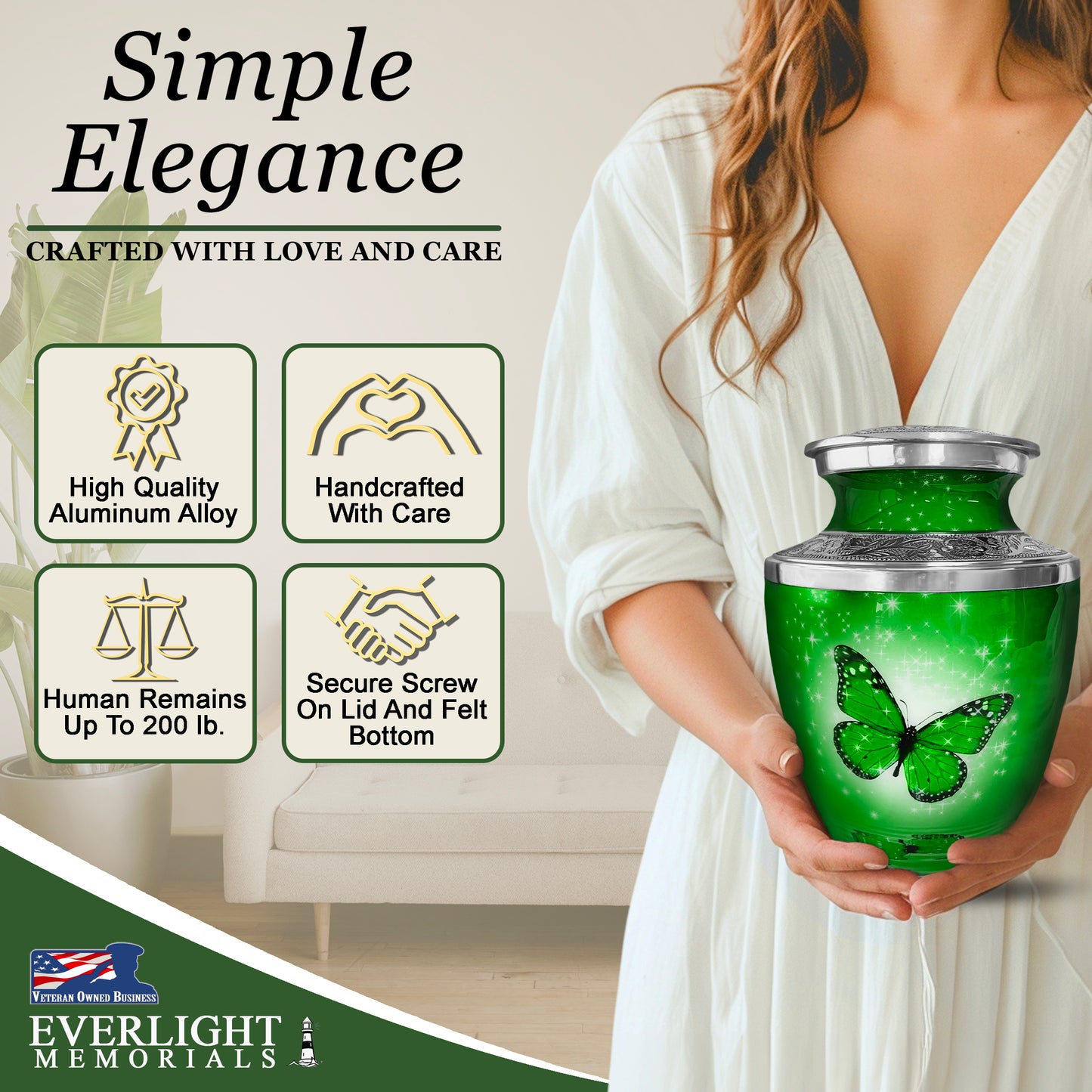 Green Butterfly Cremation Urn for Ashes, Large with Velvet Bag