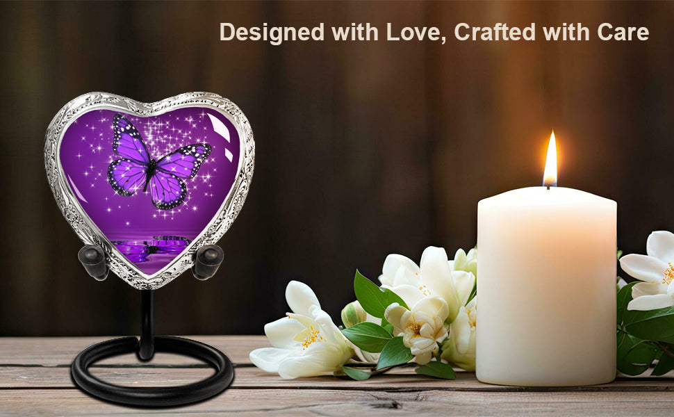 Heart Shaped Small Keepsake Cremation Urns for Human Ashes - Purple Butterfly