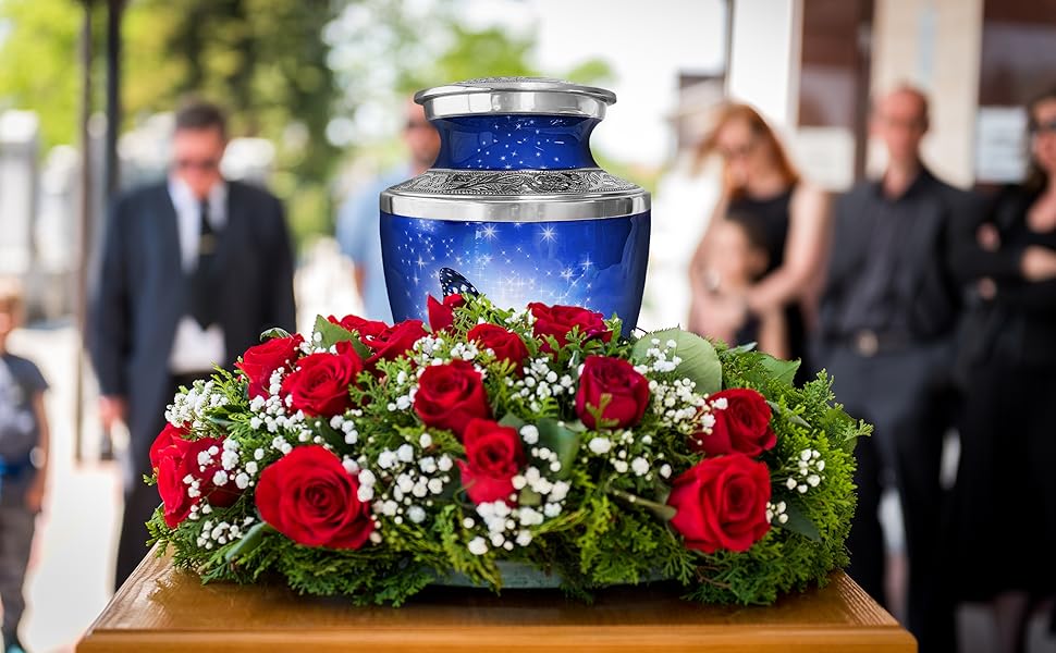 Dark Blue Butterfly Cremation Urn for Ashes, Large with Velvet Bag