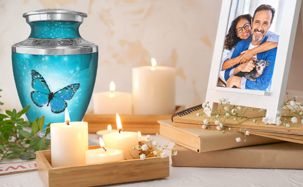 Light Blue Butterfly Cremation Urn for Ashes, Large with Velvet Bag