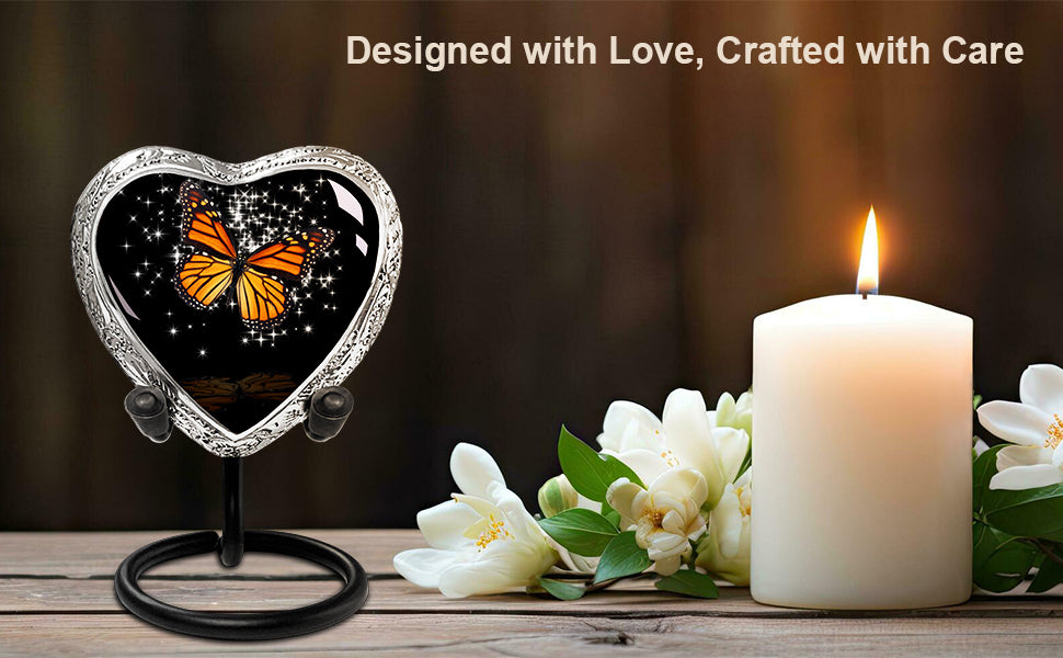Heart Shaped Small Keepsake Cremation Urns for Human Ashes - Black Butterfly