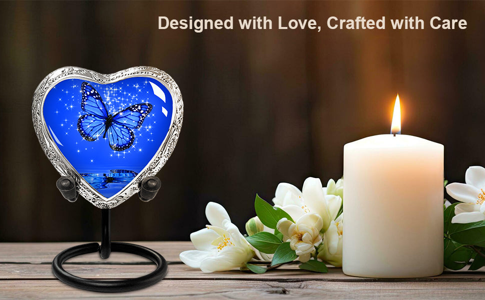 Heart Shaped Small Keepsake Cremation Urns for Human Ashes - Dark Blue Butterfly