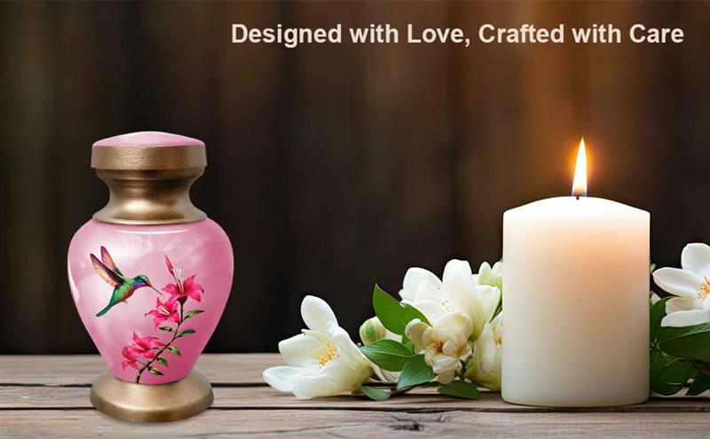 Small Keepsake Urn for Human Ashes - Pink Hummingbird