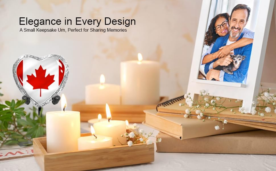 Canadian Flag Heart Keepsake Urn - Elegance in Every Design Candles and Family Photo Lifestyle